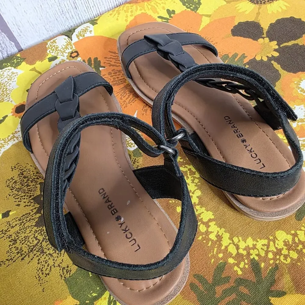 Lucky Brand Natany Black Leather Flat Sandals Braided T Strap Ankle - Size 6